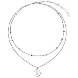 FLYOW S925 Sterling Silver Layered Disc Pendant Choker Necklace Short Dainty Clavicle Necklace for Women Girls