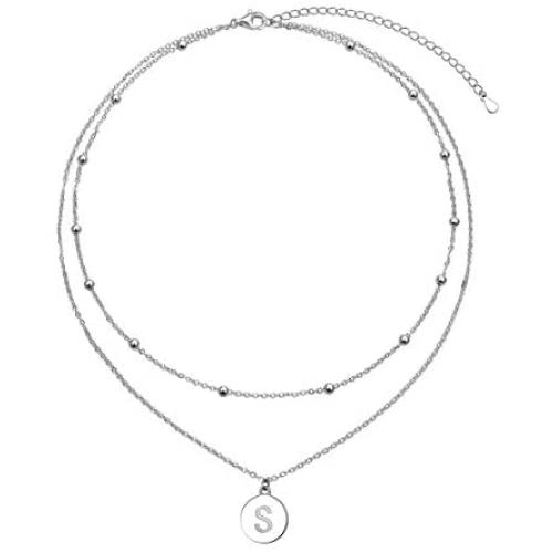 FLYOW S925 Sterling Silver Layered Disc Pendant Choker Necklace Short Dainty Clavicle Necklace for Women Girls