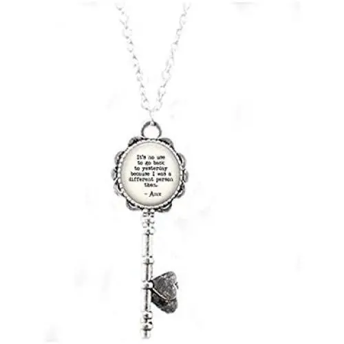 Wonderland Quote Keychain - in Wonderland Keychain - Alice Jewelry - No use to Go Back to Yesterday - Book Lover Gift Key Necklace Necklace Literary Jewelry Wonderland Quote Keychain - in Wonderland Keychain - Alice Jewelry - No use to Go Back to Yesterday - Book Lover Gift Key Necklace Necklace Literary Jewelry