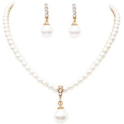 Rosemarie & Jubalee Womens Single Strand Classic Cream 6mm Simulated Pearl Necklace 14mm Dangle Charm and Earrings Jewelry Set