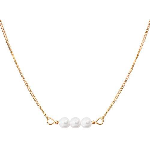 Pearl Necklace for Women | Dainty Necklaces for Women with Three White Pearl Pendant, 14k Gold Dipped | Elegant Pearl Necklace Choker | 14k Dipped Gold Necklace for Women | June Birthstone Necklace