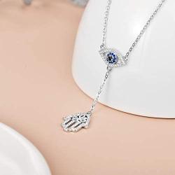 PEIMKO Y Lariat 925 Sterling Silver Hamsa hand Evil Eye Pendant Necklace, Cubic Zirconia Protection Amulet Necklace for Women