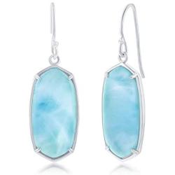 Caribbean Natural Larimar Gemstone Large Long Hexagon-Shaped Sterling Silver Dangling Earrings Jewelry for Women or Teens