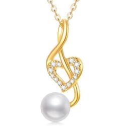 Heart-Shaped Music Note Pendant Necklace with Moissanite and Pearl, 10K 14K 18K Yellow Gold Necklace Jewelry for Women/Girls/Party/Anniversary Day/Birthday