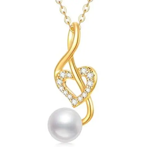 Heart-Shaped Music Note Pendant Necklace with Moissanite and Pearl, 10K 14K 18K Yellow Gold Necklace Jewelry for Women/Girls/Party/Anniversary Day/Birthday