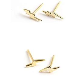 2 Pcs/Set Lightning Bolt Thunder Button Stud Tiny Post Earrings for Women Girl Men Unisex Jewelry Dainty Minimalist Simple Gold Plated Flash Piercing Punk
