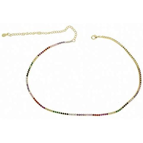 U/N Gold Color Necklace with Rainbow CZ Tennis Chain Colorful CZ Charm Choker with Tiny Link Chain Necklace Jewelry