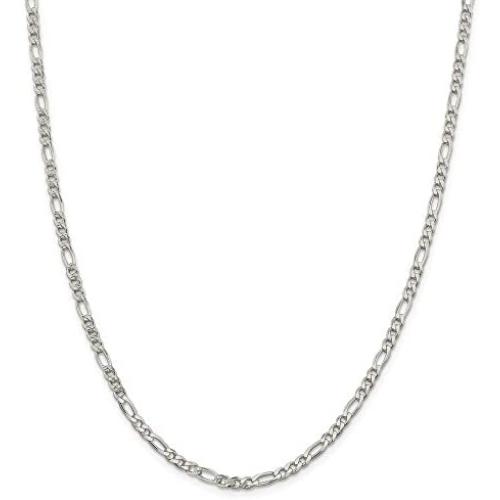 Solid 925 Sterling Silver 4mm Pave Flat Figaro Chain Necklace - with Secure Lobster Lock Clasp