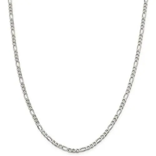 Solid 925 Sterling Silver 4mm Pave Flat Figaro Chain Necklace - with Secure Lobster Lock Clasp Solid 925 Sterling Silver 4mm Pave Flat Figaro Chain Necklace - with Secure Lobster Lock Clasp
