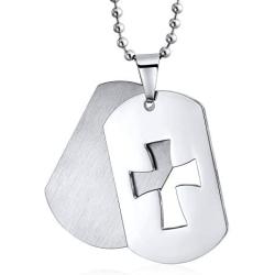 Bling Jewelry Hip Hop Biker Mens Military Army Style Dog Tag Cross Pendant Necklace for Men Black Silver Tone Matte Stainless Steel