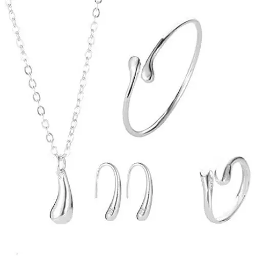 Waterdrop Necklace Set Simple Teardrop Stud Earrings Water Drop Comma Open Bracelet Rings Set for Women Girl 4Pcs/set Waterdrop Necklace Set Simple Teardrop Stud Earrings Water Drop Comma Open Bracelet Rings Set for Women Girl 4Pcs/set