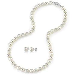 THE PEARL SOURCE 14K Gold 6-6.5mm AAA Quality Round White Akoya Cultured Pearl Necklace & Earrings Set in 17'' Princess Length for Women