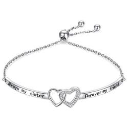 925 Sterling Silver Knot Inspirational Bracelet Engraved''Always My Sister, Forever My Friend'' Adjustable Sisters Bracelets Friendship Jewelry for Women