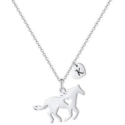 Girls Horse Necklace, Dainty Horse Jewelry for Girls Initial Necklace, Stainless Steel Kids Heart Initial Necklace Horse Girl Horse Pendant Letter Necklace Horse Gifts for Teen Girls Horse Lovers