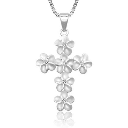 Honolulu Jewelry Company Sterling Silver Plumeria Cross CZ Necklace Pendant with 18'' Box Chain