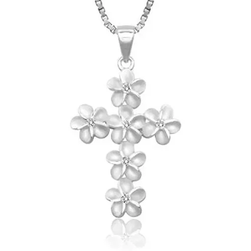 Honolulu Jewelry Company Sterling Silver Plumeria Cross CZ Necklace Pendant with 18'' Box Chain Honolulu Jewelry Company Sterling Silver Plumeria Cross CZ Necklace Pendant with 18'' Box Chain
