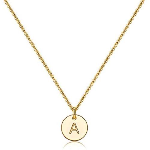 Disc Initial Necklaces for Women Girls, 14K Gold Filled Round Disc Double Side Engraved Hammered Initial Necklace Adjustable Personalized Alphabet Letter Pendant for Women Girls Jewelry Gifts