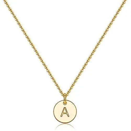 Disc Initial Necklaces for Women Girls, 14K Gold Filled Round Disc Double Side Engraved Hammered Initial Necklace Adjustable Personalized Alphabet Letter Pendant for Women Girls Jewelry Gifts