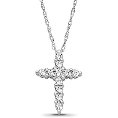 14K White Gold Diamond Cross Pendant with Sterling Silver Chain Necklace (1/5 cttw, I-J Color, I2-I3 Clarity), 18''