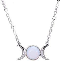 RUIZHEN Silver Triple Moon Goddess Symbol Opal Natural Stone Pendant Necklace