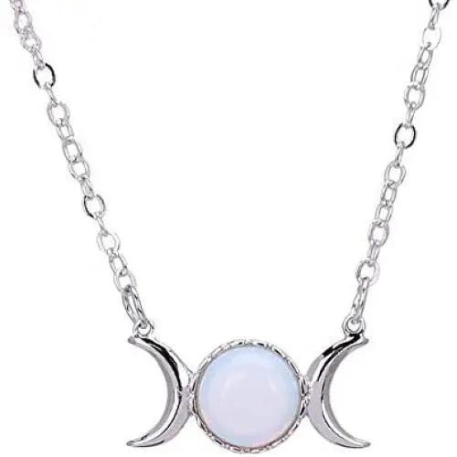 RUIZHEN Silver Triple Moon Goddess Symbol Opal Natural Stone Pendant Necklace RUIZHEN Silver Triple Moon Goddess Symbol Opal Natural Stone Pendant Necklace
