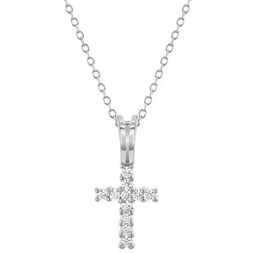 925 Sterling Silver Clear CZ Baptism Christening Cross Pendant Necklace Babies