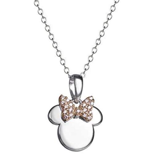 Disney Minnie Mouse Charm Necklace, Cubic Zirconia Studded Pink Bow Pendant, 18” Sterling Silver Necklace, Official Licensed Jewelry for Ladies