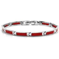 Silvershake Rectangular Shape Created Red Coral Inlay 925 Sterling Silver Link Bracelet Jewelry for Man Women