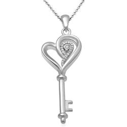 Jewelili Sterling Silver Natural White Round Diamond Accent Heart Key Pendant Necklace, 18'' Rolo Chain