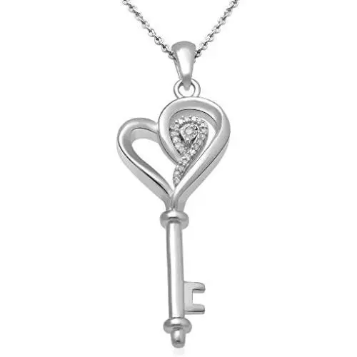 Jewelili Sterling Silver Natural White Round Diamond Accent Heart Key Pendant Necklace, 18'' Rolo Chain
