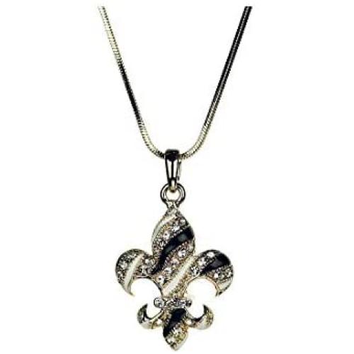 Fleur De Lis Pendant Necklace GOLD TONE New Orleans Football The Saints Rhinestone Jewelry Black and Gold Gift Idea New Orleans Who Dat !
