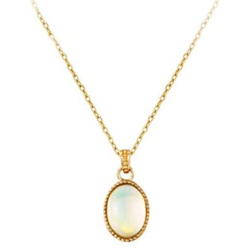 Carleen 14K Solid Yellow Gold Delicate 4/5 Carat Natural Genuine Real Small Tiny White Fire Opal Pendant Necklace Dainty Everyday Fine Gold Jewelry For Women Girls, 16+2 Inches Extender