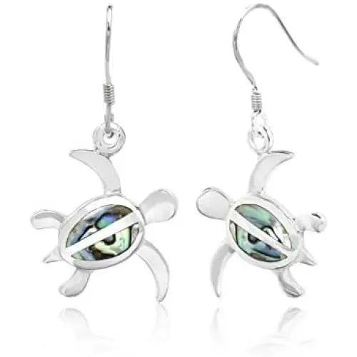 Sterling Silver Abalone Paua Shell Petroglyph Turtle Dangle Hook Earrings Sterling Silver Abalone Paua Shell Petroglyph Turtle Dangle Hook Earrings