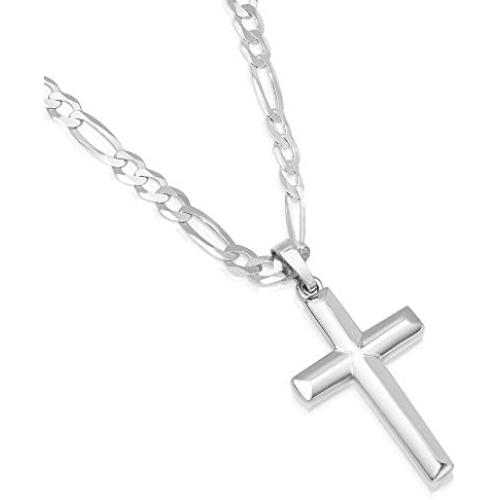 XP Jewelry Mens Sterling Silver Cross Pendant Figaro Chain Necklace Italian Made - Choose Width and Length