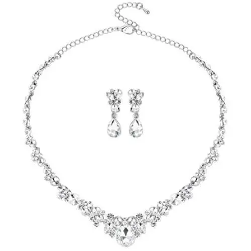 mecresh Clustered Crystal Rhinestone Flower Bridal Necklace Teardrop Dangle Earrings Jewelry Sets for Women Gift mecresh Clustered Crystal Rhinestone Flower Bridal Necklace Teardrop Dangle Earrings Jewelry Sets for Women Gift