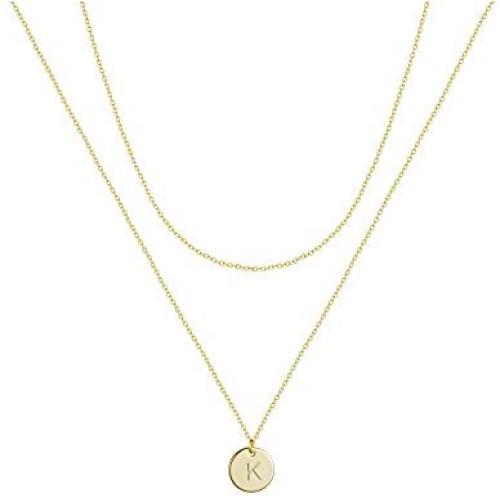 Kyerlyn Layered Initial Necklace 14K Gold Plated Dainty Round Disc Engraved Name Personalized Alphabet Pendant Choker Necklace Fashion Jewelry Gift for Women Girls