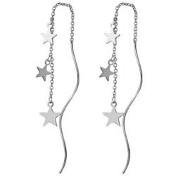 Tiny Star Wave Long Threader Chain Dangle Drop Hanging Earrings for Women Teen Girls Dainty Cute White Gold Plated Hypoallergenic Sensitive Ears Crawler Jewelry Gifts for Daughter Granddaughter