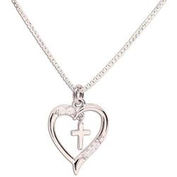 Girls Sterling Silver First Communion''Dancing Cross'' Heart Necklace