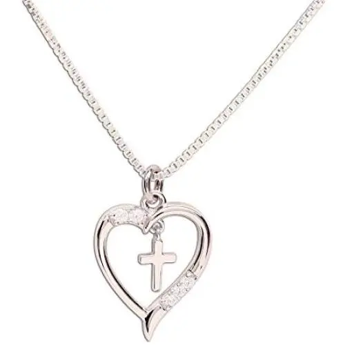 Girls Sterling Silver First Communion''Dancing Cross'' Heart Necklace Girls Sterling Silver First Communion''Dancing Cross'' Heart Necklace