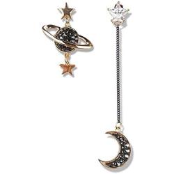 Saturn Moon Asymmetric Long Dangle Earrings Fashion Rhinestone Star Crescent Moon Drop Earrings for Women Girls