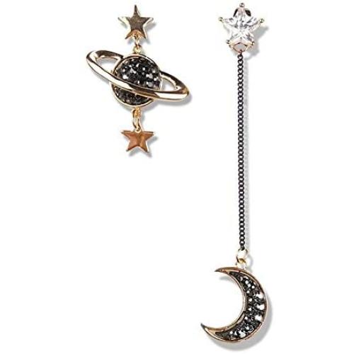 Saturn Moon Asymmetric Long Dangle Earrings Fashion Rhinestone Star Crescent Moon Drop Earrings for Women Girls
