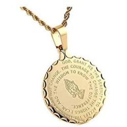 Fuqimanman2020 Bible Verse Prayer Necklace Christian Jewelry Gold Stainless Steel Praying Hands Coin Medal Pendant | Silver Gold