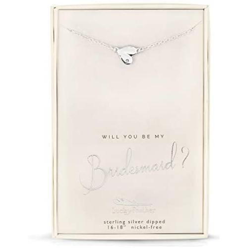 Lucky Feather Sterling Silver Dipped Will You Be My Bridesmaid Necklace with Crystal Accent Stone and Adjustable Chain
