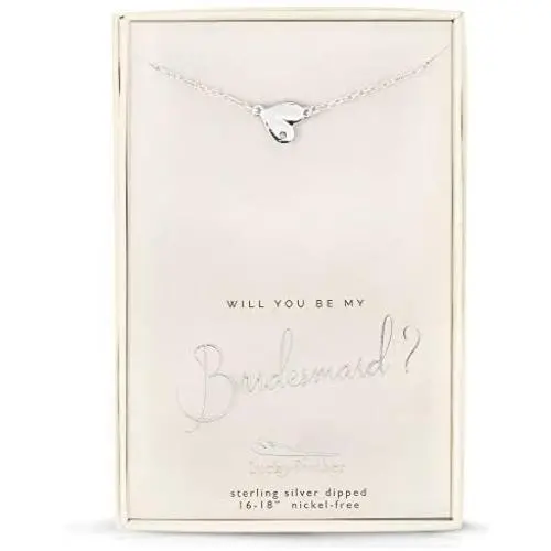 Lucky Feather Sterling Silver Dipped Will You Be My Bridesmaid Necklace with Crystal Accent Stone and Adjustable Chain