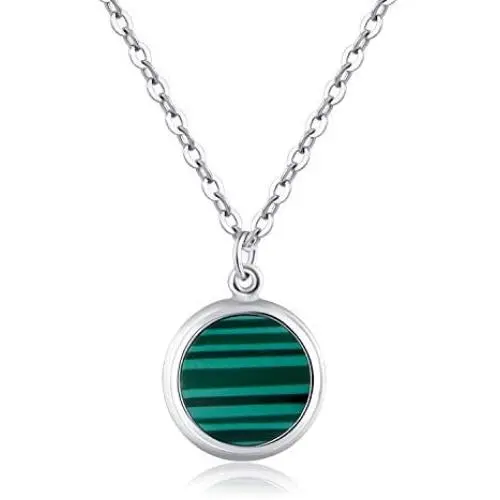Solid Sterling Silver Round Shape Oblate Green Malachite Charm Pendant Necklace 18''+2'' Extender Solid Sterling Silver Round Shape Oblate Green Malachite Charm Pendant Necklace 18''+2'' Extender