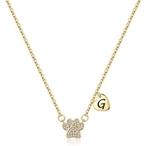 Dog Mom Necklace for Women, Dainty 14K Gold Plated Cubic Zirconia Paw Print Initial Necklace Dog Mom Gifts for Women