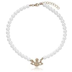 White Pearl Bead Necklaces Crystal Rhinestone Saturn Planet Necklace(Gold 2)