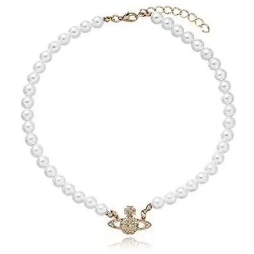 White Pearl Bead Necklaces Crystal Rhinestone Saturn Planet Necklace(Gold 2)