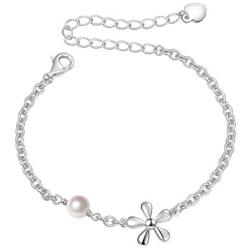 SILVER MOUNTAIN S925 Sterling Silver Jewelry Flower Charm with Freshwater Cultured Pearl Adjustable Chain Link Bracelet Gift For Teen Girls, Little Girls, Children