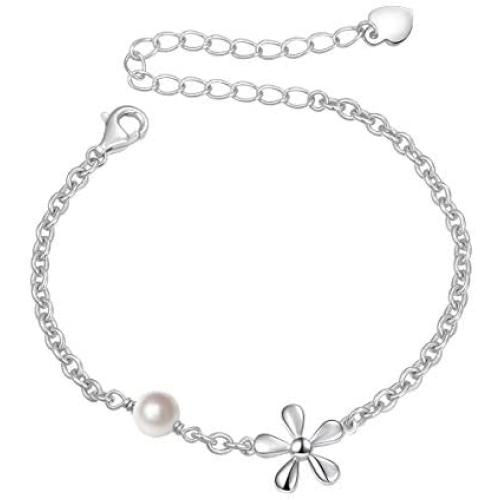 SILVER MOUNTAIN S925 Sterling Silver Jewelry Flower Charm with Freshwater Cultured Pearl Adjustable Chain Link Bracelet Gift For Teen Girls, Little Girls, Children